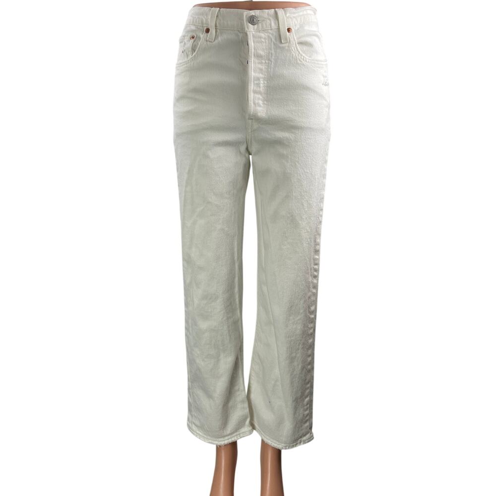 Levi's Ribcage Straight White High Waisted Frayed Ankle Denim Jeans Pants Sz 26